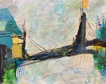 Original Mixed Media painting/abstract bridge/landscape/blue and yellow art/14x16