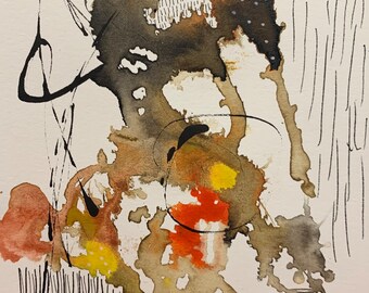 One of a kind watercolor and ink painting/brown and orange/earth tone art/5x7/8x10