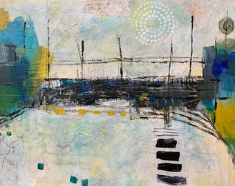 Original Mixed Media painting/abstract bridge/landscape/blue and yellow art/14x16