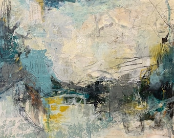 Original Mixed Media painting/abstract bridge/landscape/blue and yellow art/14x18