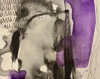 One of a kind painting/art on paper/black and purple/minimalist style/7"x10"/watercolor and ink