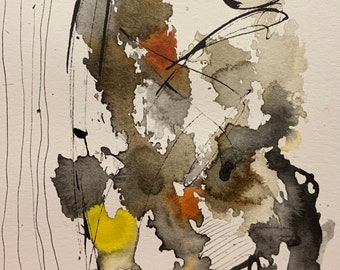 Original watercolor and ink painting/brown and yellow/earth tones/affordable art/5x7/8x10