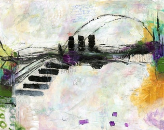 Abstract Bridge Art/Limited Edition Fine Art Giclée Print/Collage Landscape/Yellow and Purple Artwork/Statement Decor/Art Lover Gift