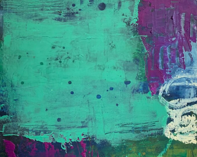 Green Abstract Painting in Oil and Cold Wax on Paper, Purple and Cream ...