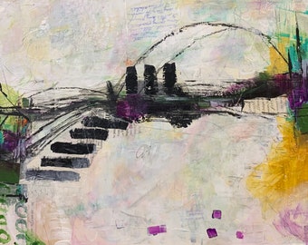 Original Mixed Media painting/abstract bridge/landscape/purple and yellow art/14x18