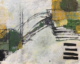 Original Mixed Media painting/abstract bridge/landscape/green and yellow art/14x18