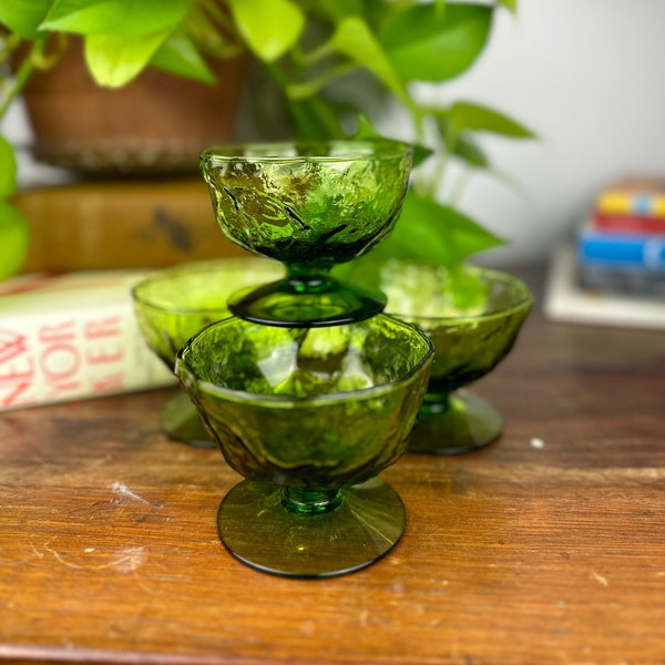 Set of 4 Vintage Green Glass Pedestal Ice Cream Dishes