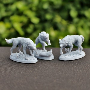 Wolf Pack Miniature Models:  Set of 3 Wolves.  3D Resin Prints.  Available printed, primered, or painted!