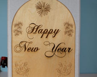 Happy New Year Wine Box, Laser Engraved Oak, Bag-in-Box Dispenser