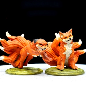Two Kitsune 9-Tailed Fox Miniature Models, 3D Resin Prints.  Available printed, primered, or painted!