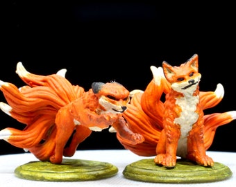Two Kitsune 9-Tailed Fox Miniature Models, 3D Resin Prints.  Available printed, primered, or painted!