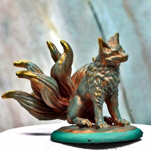 Kitsune 9 Tailed Fox Miniature Model for DnD and TTRPGs, 3D-Printed in Resin Paint--Verdigris
