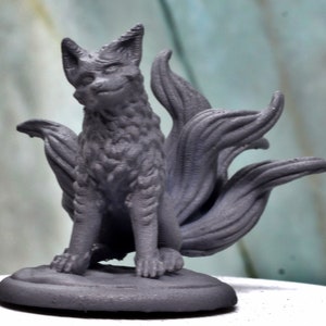 Kitsune 9 Tailed Fox Miniature Model for DnD and TTRPGs, 3D-Printed in Resin Primer--Gray