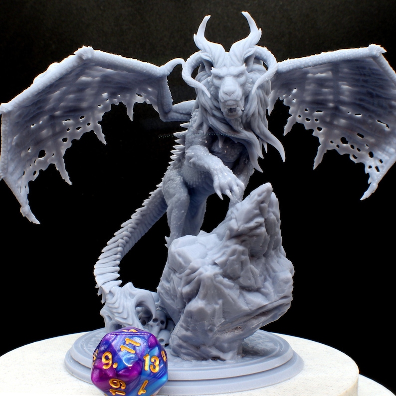 A Manticore monster sculpture 3D printed in gray resin.