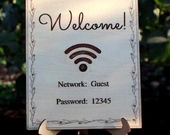 Guest Welcome WiFi Sign, 8x10 inches, Laser Engraved Basswood
