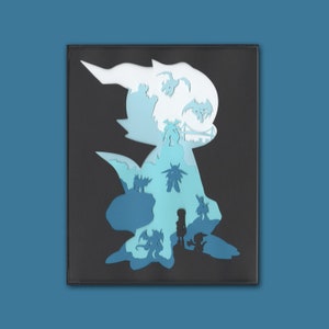 May include: Paper cut-out art depicting a blue and white dragon with a city skyline and palm trees inside. The dragon is surrounded by smaller blue and white figures.