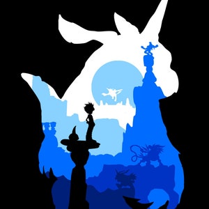 May include: Silhouette of a blue and white mythical creature with a horn, standing on a rocky landscape. The creature is surrounded by other smaller silhouettes of mythical creatures.