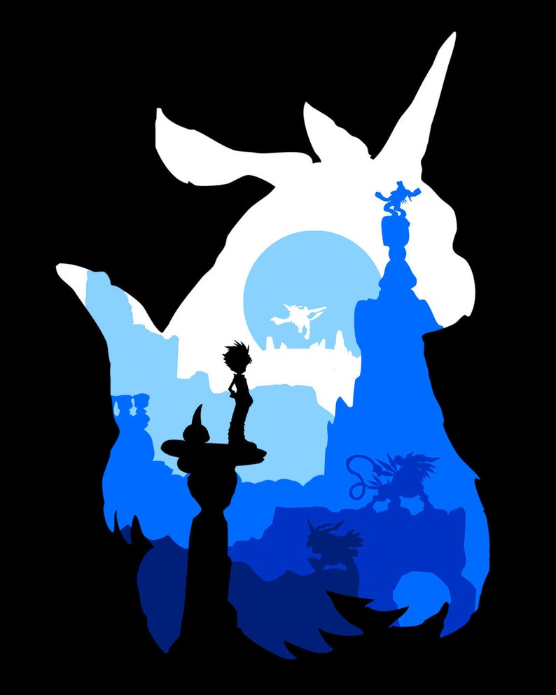 May include: Silhouette of a blue and white mythical creature with a horn, standing on a rocky landscape. The creature is surrounded by other smaller silhouettes of mythical creatures.