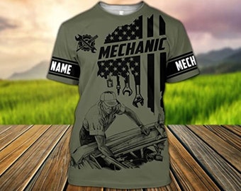 Personalized Mechanic T-Shirt, Custom Name American Flag Shirt, Gift for Mechanic, Father's Day Gift for Him