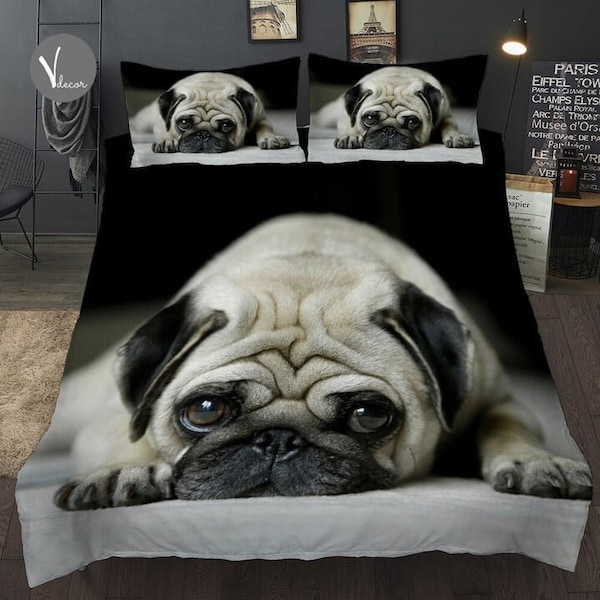 3D Print Cute Pug Bedding Set, Pug Lovers Duvet Cover & Pillowcase, Bedspread, Bedroom Décor Full Size, Gift for Pug Lover, Dog Owner Gifts