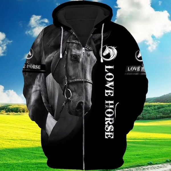 Unisexe Love Horse Black Sweatshirt Hoodie, Horse Hoodie, Horse Pullover, Horse Sweatshirt, Animal Hoodie, Animal Sweatshirt, Animal Pullover