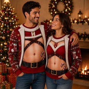 Könnte beinhalten: Zwei rote Weihnachtspullover mit weißem Kunstfellbesatz, braunen Brustgurten im Leder-Look mit goldenen Schnallen und schwarzen Gürteln mit goldenen Schnallen. Die Pullover sind mit Mustern aus Weihnachtsstrümpfen und Tannenbäumen verziert.
