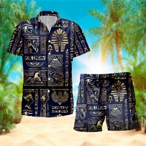 May include: A blue and gold Hawaiian shirt and matching shorts set with an Egyptian theme. The fabric features hieroglyphics, pharaohs, and other Egyptian symbols.