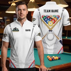 Maillot d'équipe de billard personnalisé, Maillot de billard personnalisé avec nom et équipe, Conception de boules de billard et de queues de billard 3D, Uniforme de tournoi de billard