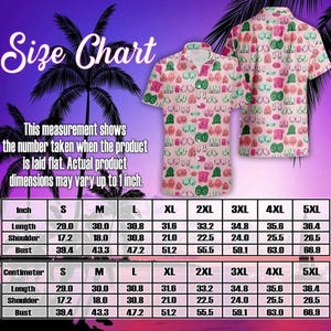 May include: Pink short-sleeved button-down shirt with a repeating pattern of cartoon breasts in various colors. The image includes a size chart with measurements in inches and centimeters for length, shoulder, and bust.