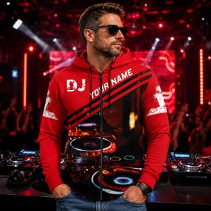Personlig DJ-hoodie, tröja med eget namn, tröja med skivspelare för män, present till diskjockey, present till elektronisk musikälskare