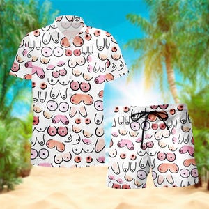 May include: A white button-up shirt and matching shorts with a pattern of pink and red breasts. The pattern is repeated on both the shirt and shorts.