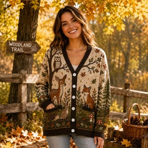 May include: A beige V-neck cardigan featuring a dark brown button placket and a woodland-themed knit pattern. The design includes a deer, a fox, an owl, a rabbit, a hedgehog, mushrooms, and pine trees in shades of brown, green, and orange.