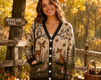Cárdigan con estampado de animales del bosque, suéter con motivos de fauna silvestre, punto con búho, ciervo, zorro y oso, cárdigan acogedor de otoño con estampado de naturaleza para mujer.