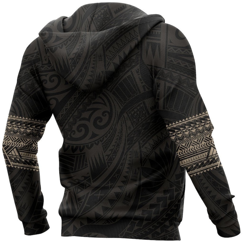 Men's Polynesian Tribal Print Zip Hoodie - Full Zip Graphic Sweatshirt, Grey, Small