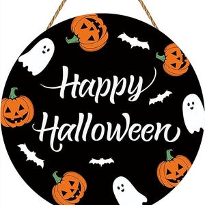 Happy Halloween Door Sign Round Wooden Hanging Sign with Pumpkins Ghosts and Bats, Spooky Front Door Wall Porch Decoration