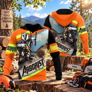 Puede incluir: Una sudadera con capucha y manga larga con un diseño en colores naranja y negro vibrantes. Incluye un gráfico de un arborista trabajando en un árbol, la palabra ARBORIST en letras negritas y franjas reflectantes de color amarillo.
