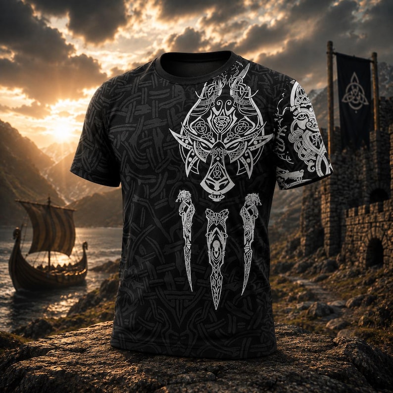 May include: A black short-sleeve t-shirt featuring a white graphic print of a stylized wolf head and three vertical dagger-like symbols on the front. The fabric is covered in a dark grey intricate woven knotwork pattern across the entire surface.