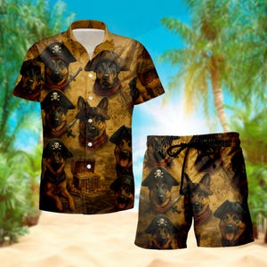 Camisa hawaiana con diseño de pastor alemán pirata, divertida camisa Aloha con perro y mapa del tesoro para hombre, ropa de playa única para el verano.