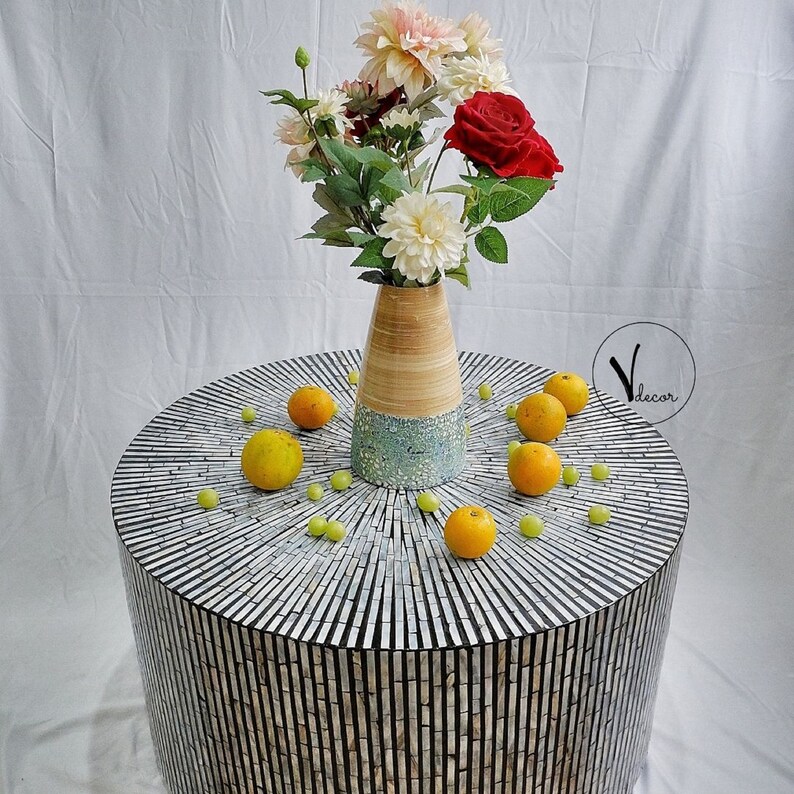 Round Coffee Table Mother of Pearl Inlay End Table Mosaic Etsy