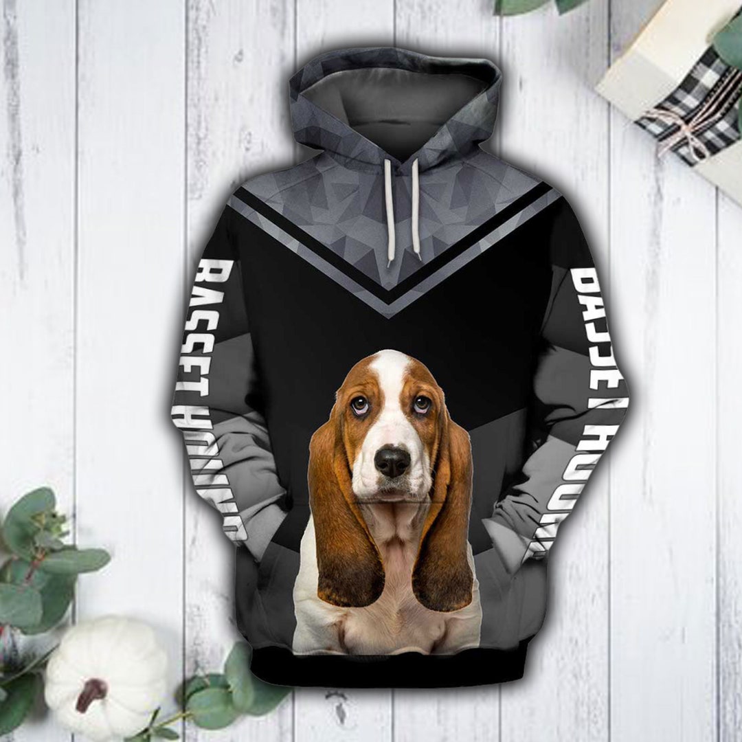 Basset Puppies Basset Hound Hoodie Unisex Black White Basset
