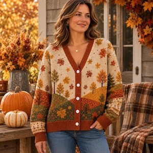 May include: A V-neck button-down cardigan featuring a cream-coloured base with a landscape pattern of autumn trees, rolling hills in shades of green, orange, and brown, and scattered falling leaves, finished with a solid rust-coloured trim.