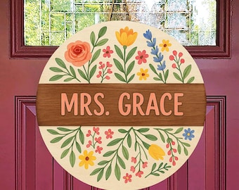 Personalized Floral Teacher Door Sign, Custom Classroom Decor