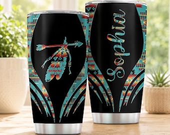 Personalized Aztec Tumbler, Custom Name Tribal Cup, Southwestern Arrow Feather Tumbler, Boho Western Gift, Southwest Tribal Gift