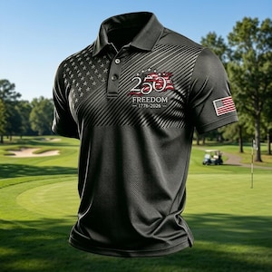 Puede incluir: Un polo negro con un patr&oacute;n texturizado en diagonal, cuello con botones y un gr&aacute;fico en el pecho que dice 250 FREEDOM 1776-2026. La prenda incluye un dise&ntilde;o de estrellas en el hombro y una peque&ntilde;a bandera estadounidense en la manga.