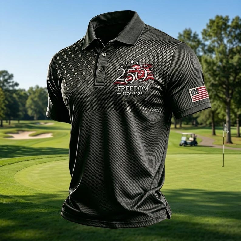 Puede incluir: Un polo negro con un patr&oacute;n texturizado en diagonal, cuello con botones y un gr&aacute;fico en el pecho que dice 250 FREEDOM 1776-2026. La prenda incluye un dise&ntilde;o de estrellas en el hombro y una peque&ntilde;a bandera estadounidense en la manga.