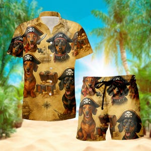 Pirate Dachshund Hawaiian Shirt and Shorts Set for Men – Funny Summer Beach Matching Outfit with Treasure Map and Sausage Dog Print