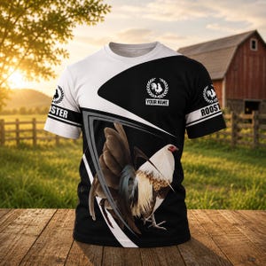 May include: A short-sleeve t-shirt featuring a black and white color-blocked design with a graphic of a rooster. The shirt includes the text "YOUR NAME" and "ROOSTER" within circular laurel wreath emblems on the chest and sleeves.