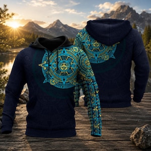 Op de afbeelding: Een donkerblauwe hoodie met een opvallende, cirkelvormige Azteekse zonnesteengrafiek in levendige tinten geel en cyaan. Het ontwerp loopt door over de borst en mouwen, met een bijpassend cirkelvormig patroon op de achterkant van de capuchon.