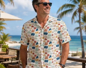 Amusant motif hawaïen boutonné, tenues de plage fantaisie, tenue de vacances d'été, haut de fête décontracté, vêtements tropicaux pour hommes