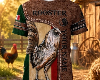 名入れ可能なメキシコの雄鶏Tシャツ、カスタムネーム入りチキンTシャツ、メキシコ国旗柄雄鶏Tシャツ、農場好きへのギフト、男性用メキシコプライドTシャツ